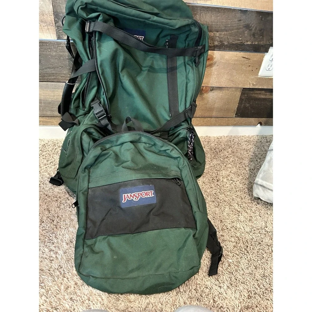 Vtg. 90's JANSPORT Large Green Hiking Backpack 3 in 1 Convertible Travel Bag‎